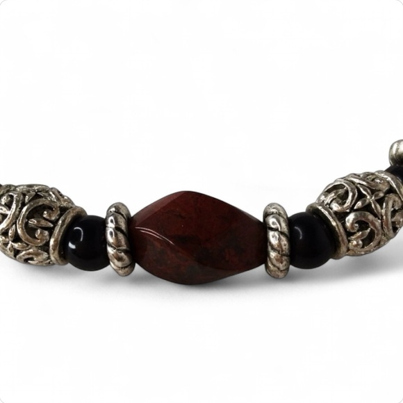 Vintage Red Jasper Necklace – Artisan Silver Accents on Braided Cord - Picture 8 of 13